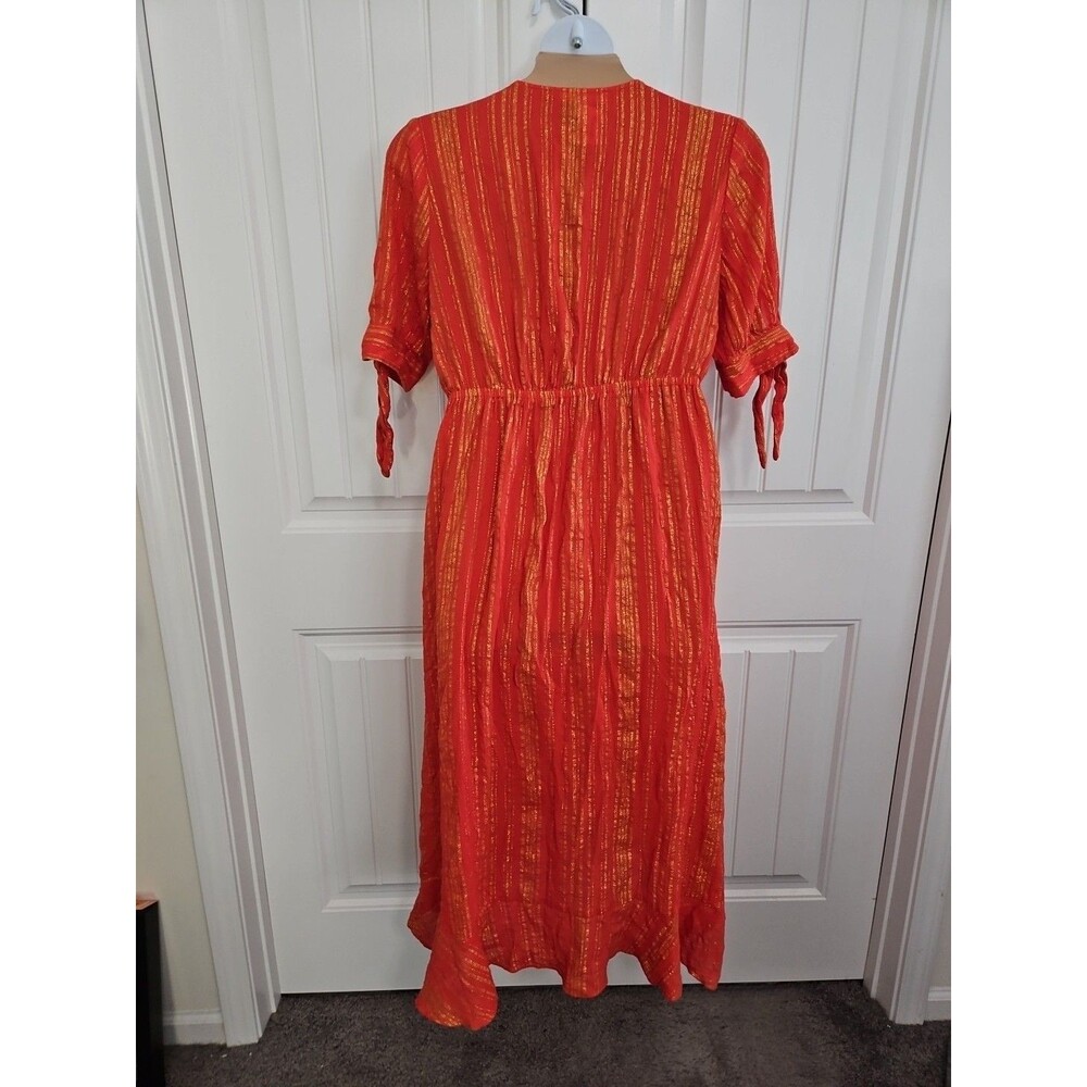 Michael Kors Women's Orange Gold Metallic Stripe V-Neck Faux Wrap Dress Size XL - Picture 7 of 11